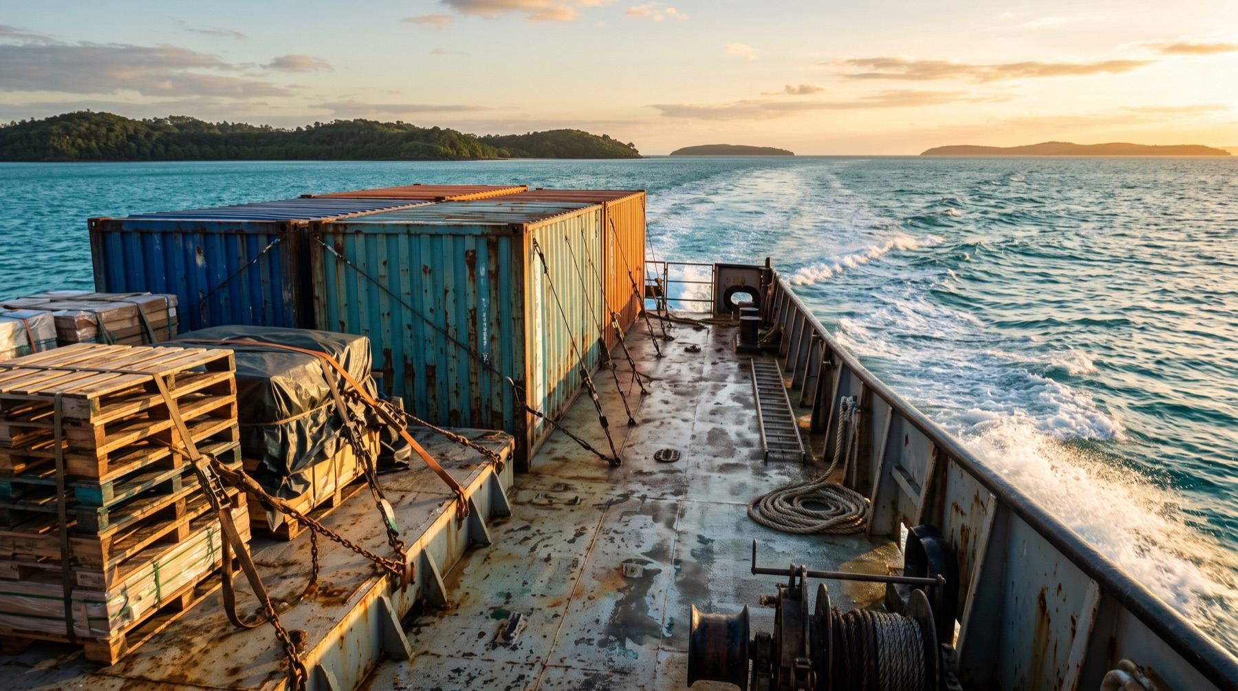 Concept image of a coastal freight vessel under way in the Torres Strait